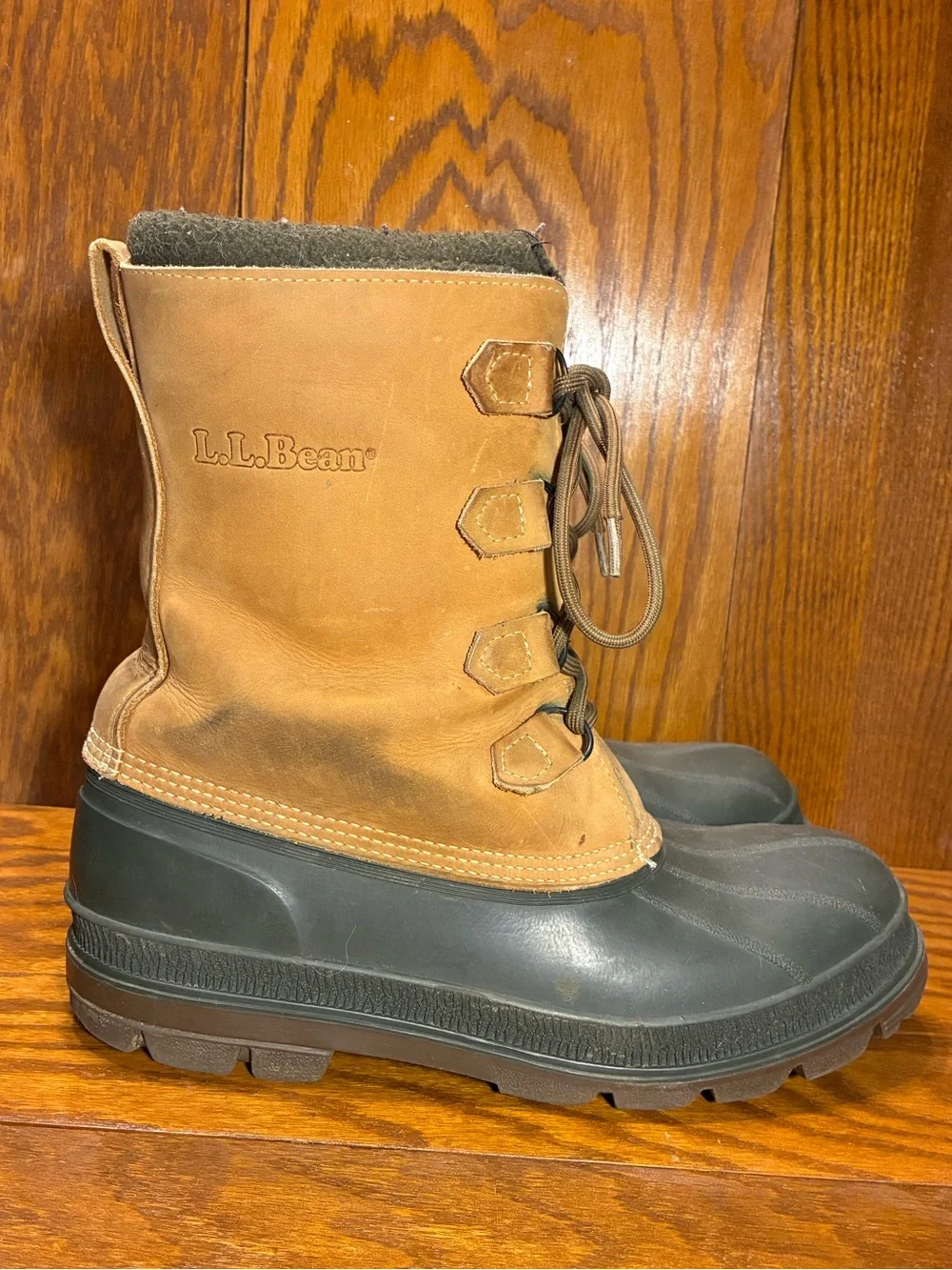L.L. Bean Duck Snow Boots Removable Liners Brown Leather Green Rubber Men’s 11